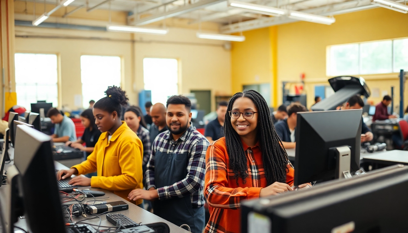Students at a trade school Knoxville TN engaged in hands-on training in a modern workshop.