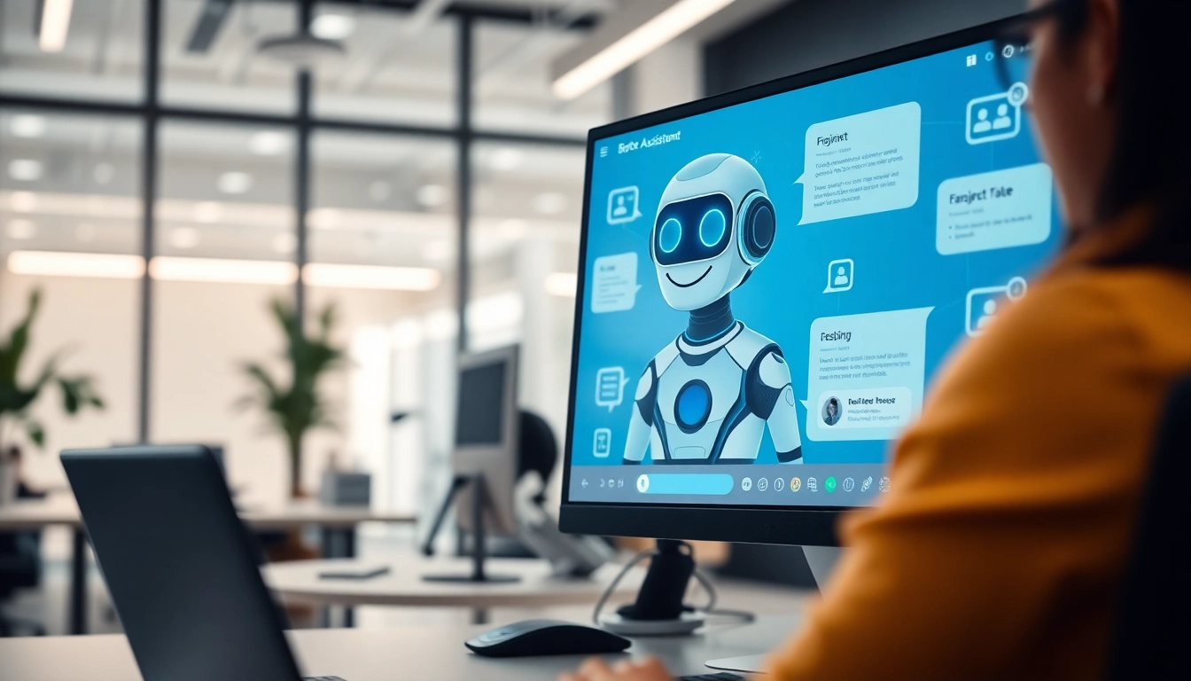 Engaging AI bot for websites assisting users in a modern office setting.