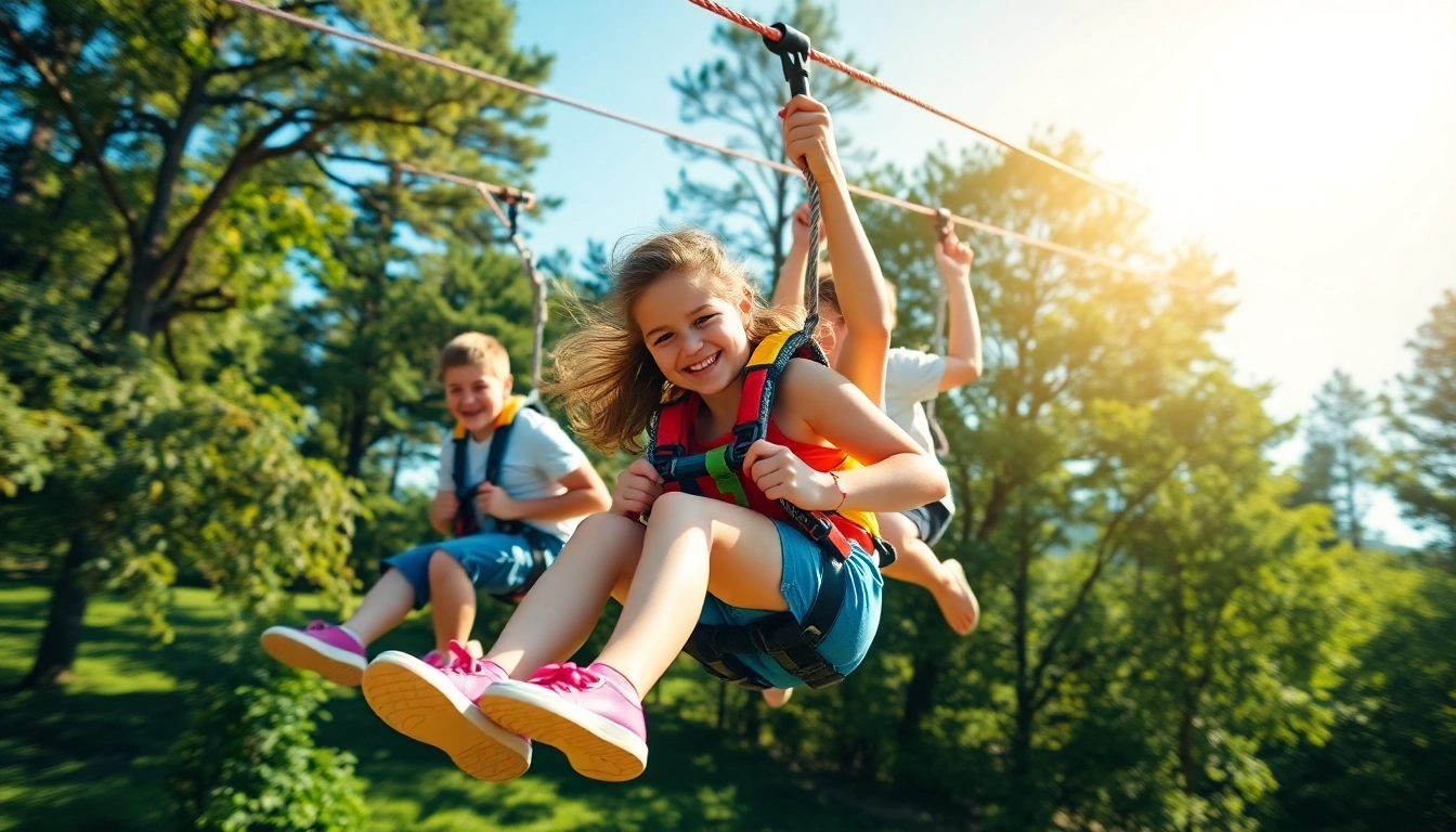 Children and adults enjoying ZIP WIRE KITS in a sunny backyard filled with greenery.