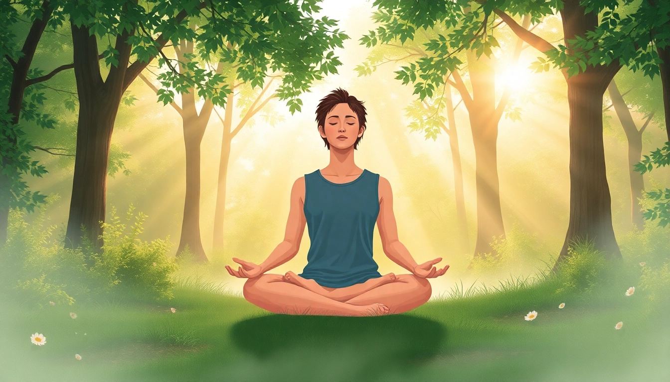Person practicing healing trauma meditation surrounded by a serene forest setting.
