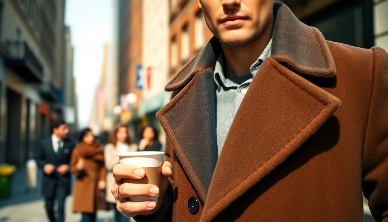 Showcase of stylish mens coats highlighting fabric and urban setting for winter wear.