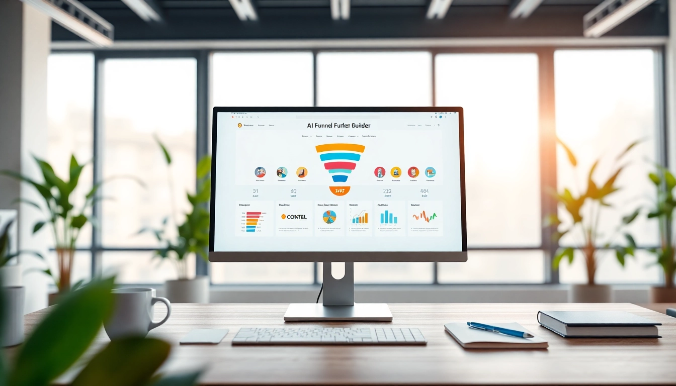 Showcasing an AI funnel builder on a computer screen in a vibrant workspace, highlighting its user-friendly interface.
