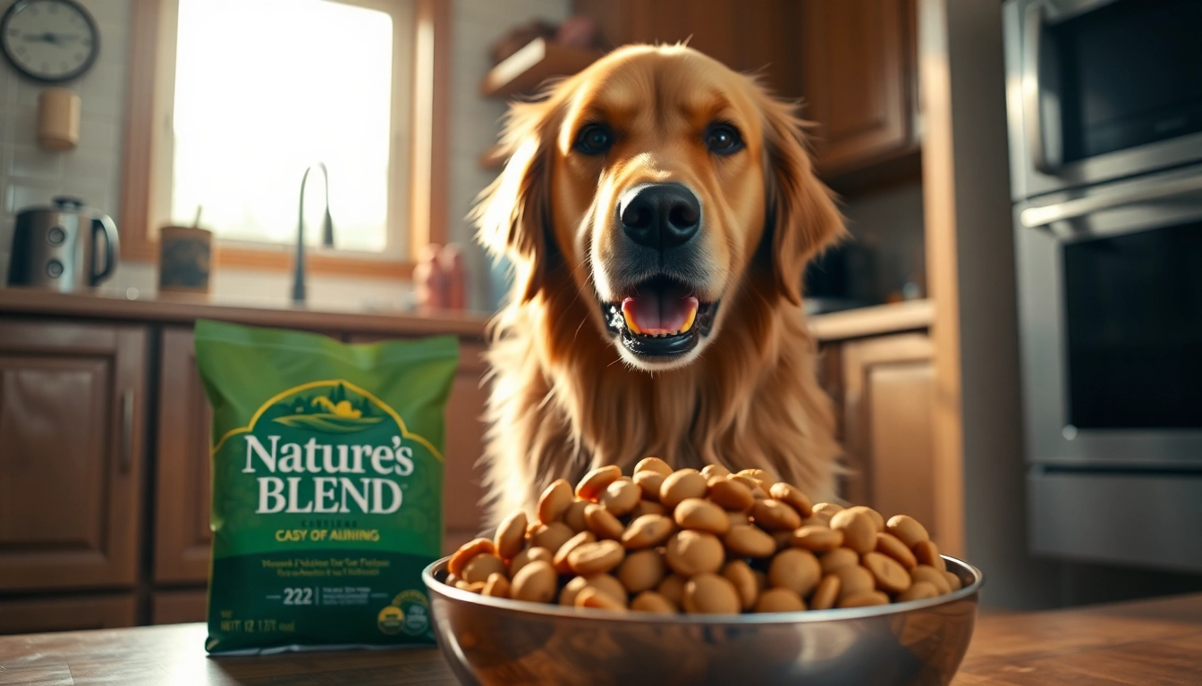 Dog enjoying nature's blend dog food canada in a cozy kitchen setting with its owner.