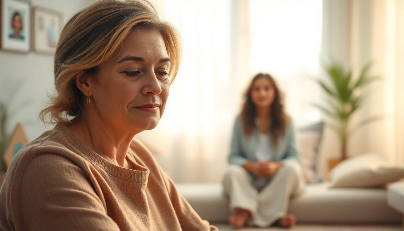 Therapy session focused on healing trauma in a serene environment, showing supportive interaction.
