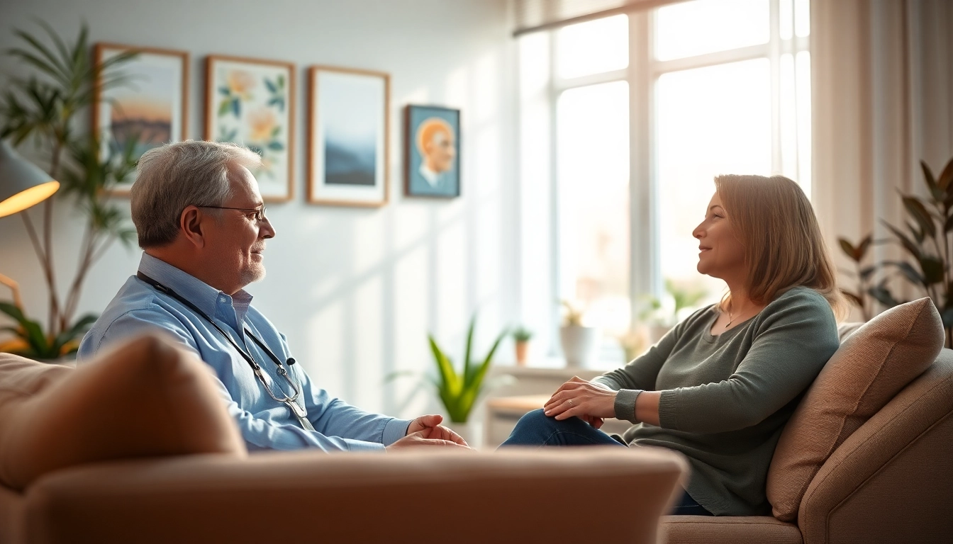 Facilitating an open conversation, therapist supports patient dealing with depression in a comforting setting.