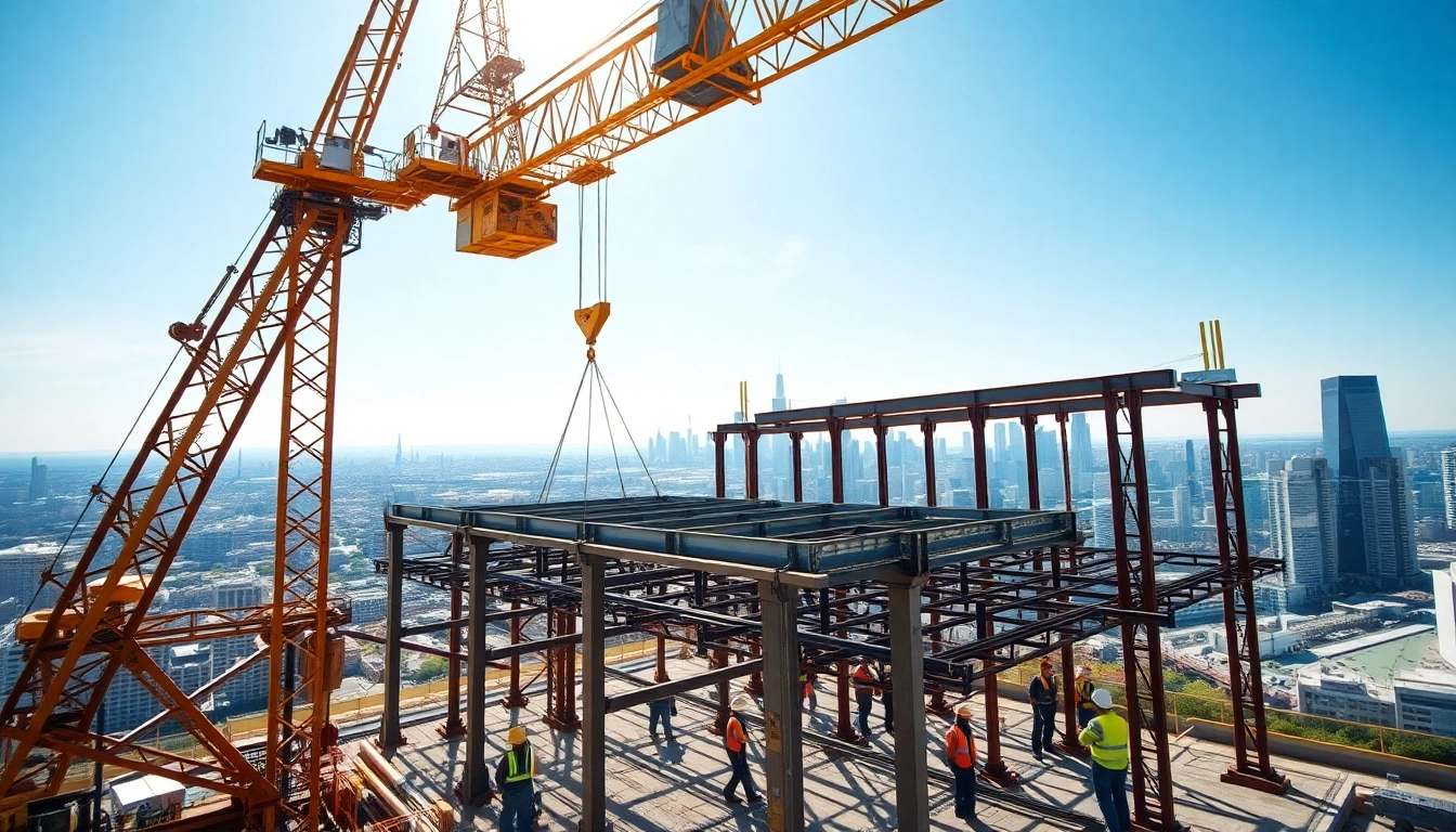 Observe structural steel construction with workers assembling a framework and a crane overhead.