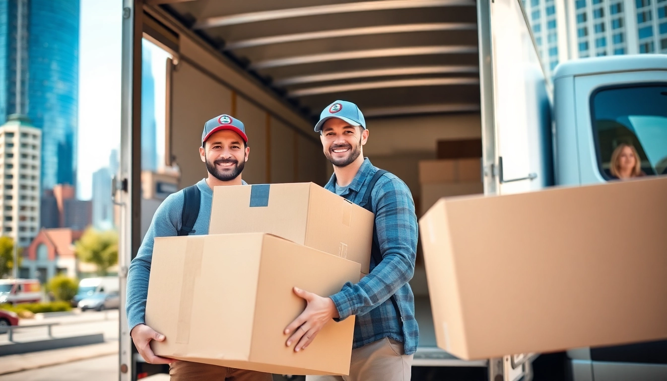 Movers handling boxes for a Toronto moving service with city backdrop.
