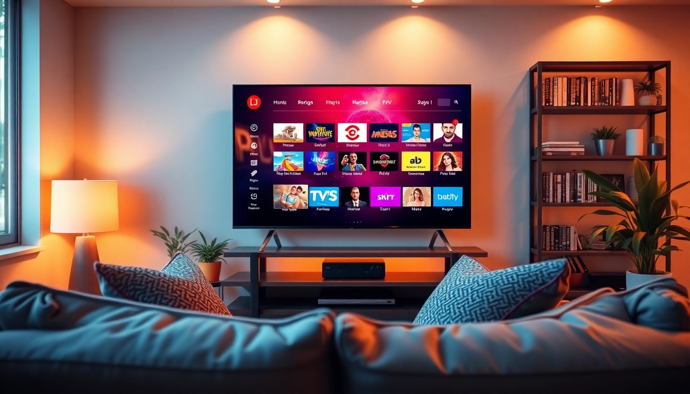 Comprar IPTV en un salón moderno con un televisor inteligente y una atmósfera acogedora.