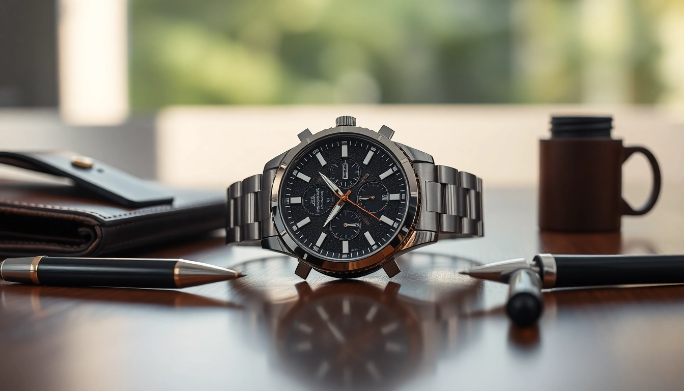 Elegante Herren Armbanduhren auf einem Tisch hervorheben und deren hochwertige Details zeigen.
