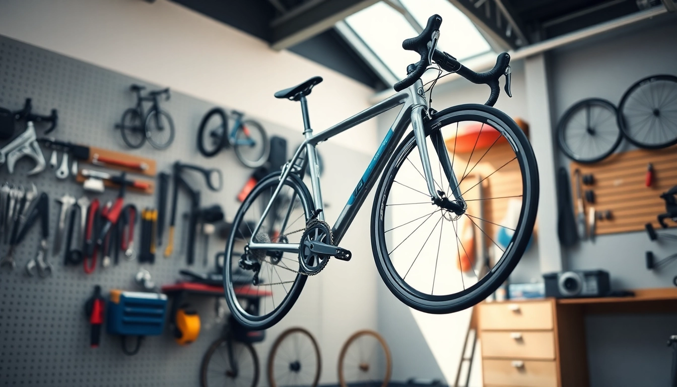 Showcasing a vibrant bicycle wall hanger elegantly supporting a road bike.