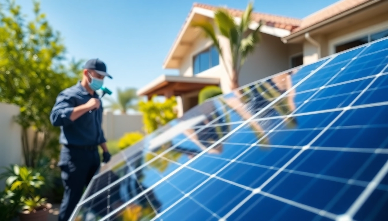 Efficient Residential solar panel cleaning Phoenix service in bright sunlight showcasing clean solar panels.