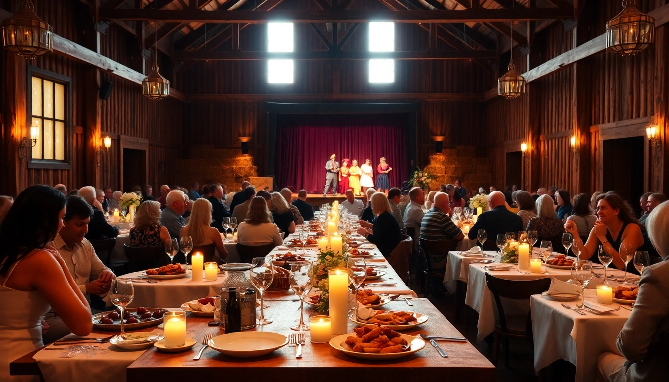 Experience a vibrant barn dinner theater with a buffet and performance atmosphere.