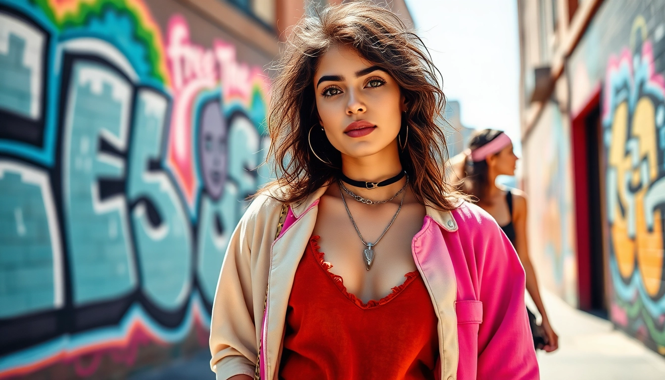 Showcasing fashion styles from Free People in a vibrant urban setting with a model.