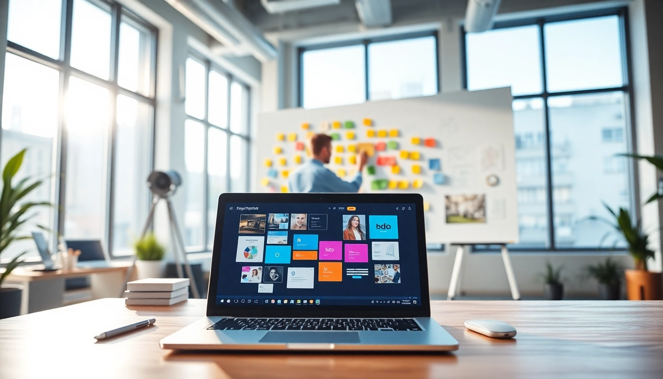 Create an engaging advertisement design within a vibrant workspace featuring a designer's creative process.