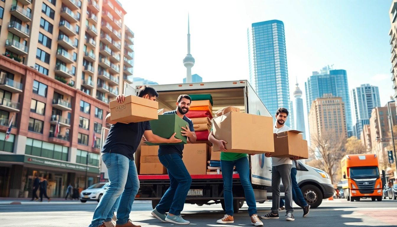 Team of professional movers in Toronto efficiently loading a moving truck with household items.