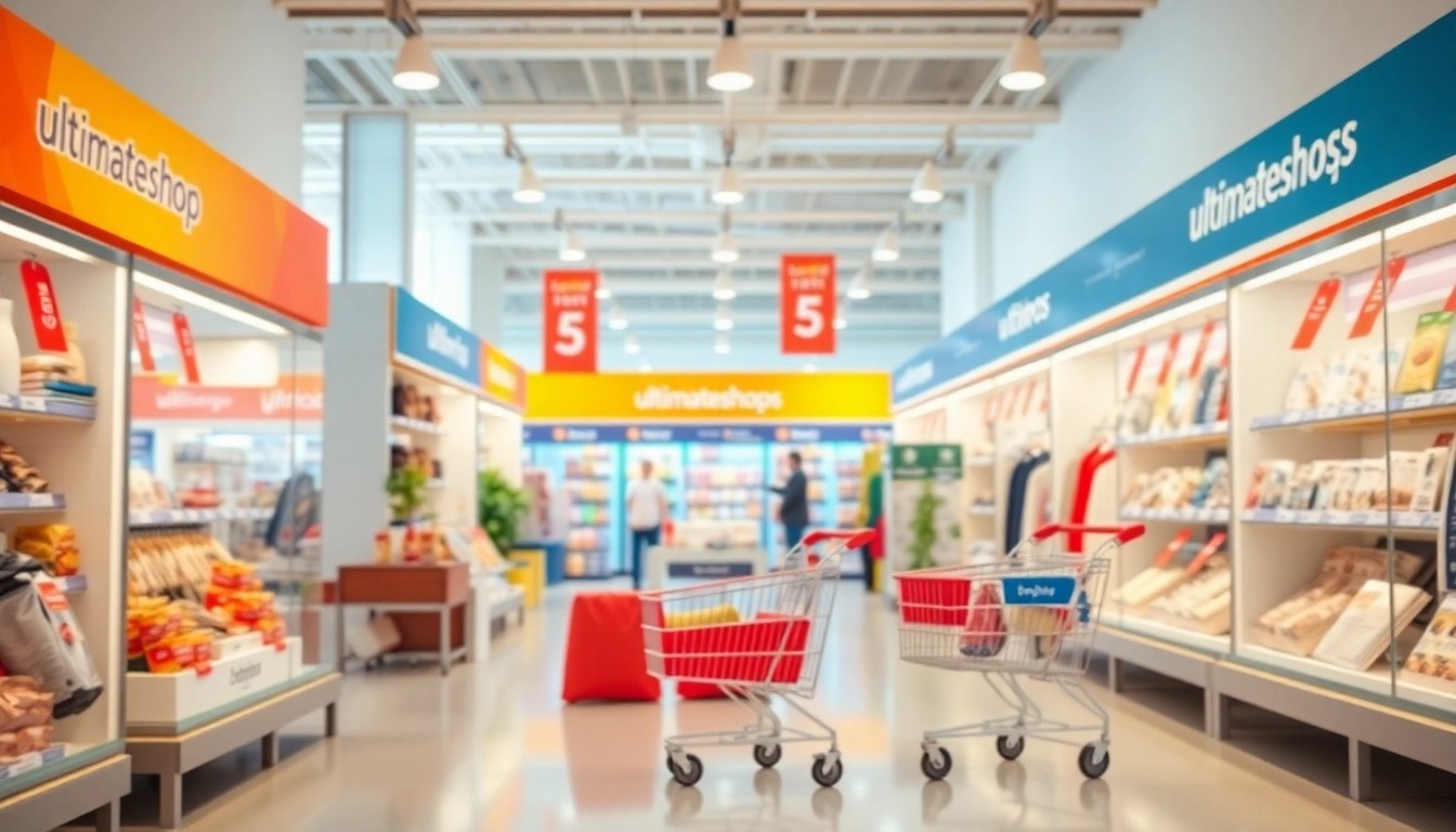 Discover diverse products on Ultimateshops, featuring vibrant marketplace scenes with organized displays and promotional items.