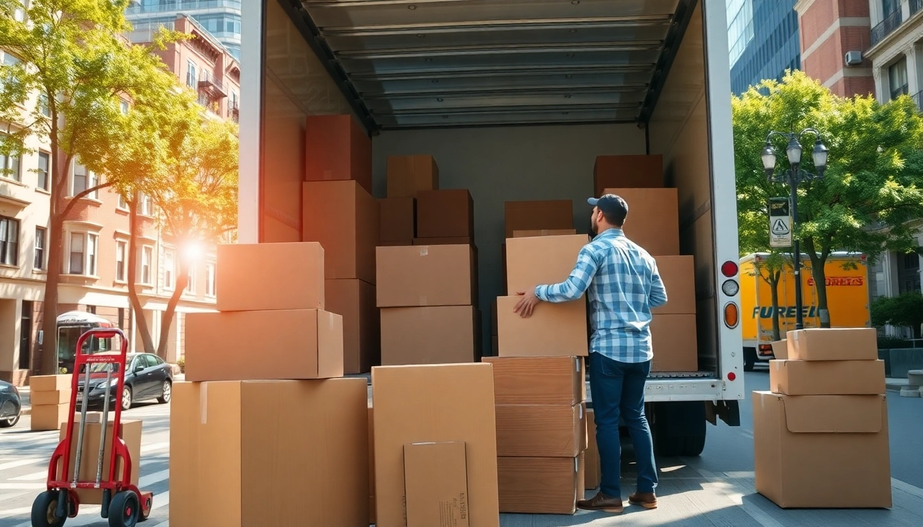 Team of Queens movers efficiently loading furniture onto a truck in a vibrant urban environment.