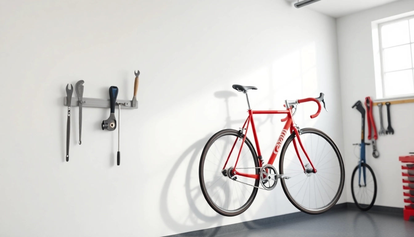 Stylish bicycle wall hanger displaying a vibrant red bike in a sleek garage.