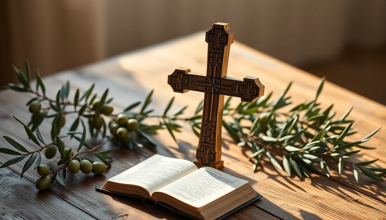 Intricate Jerusalem crosses displayed on a wooden table alongside olive branches, evoking spiritual significance.