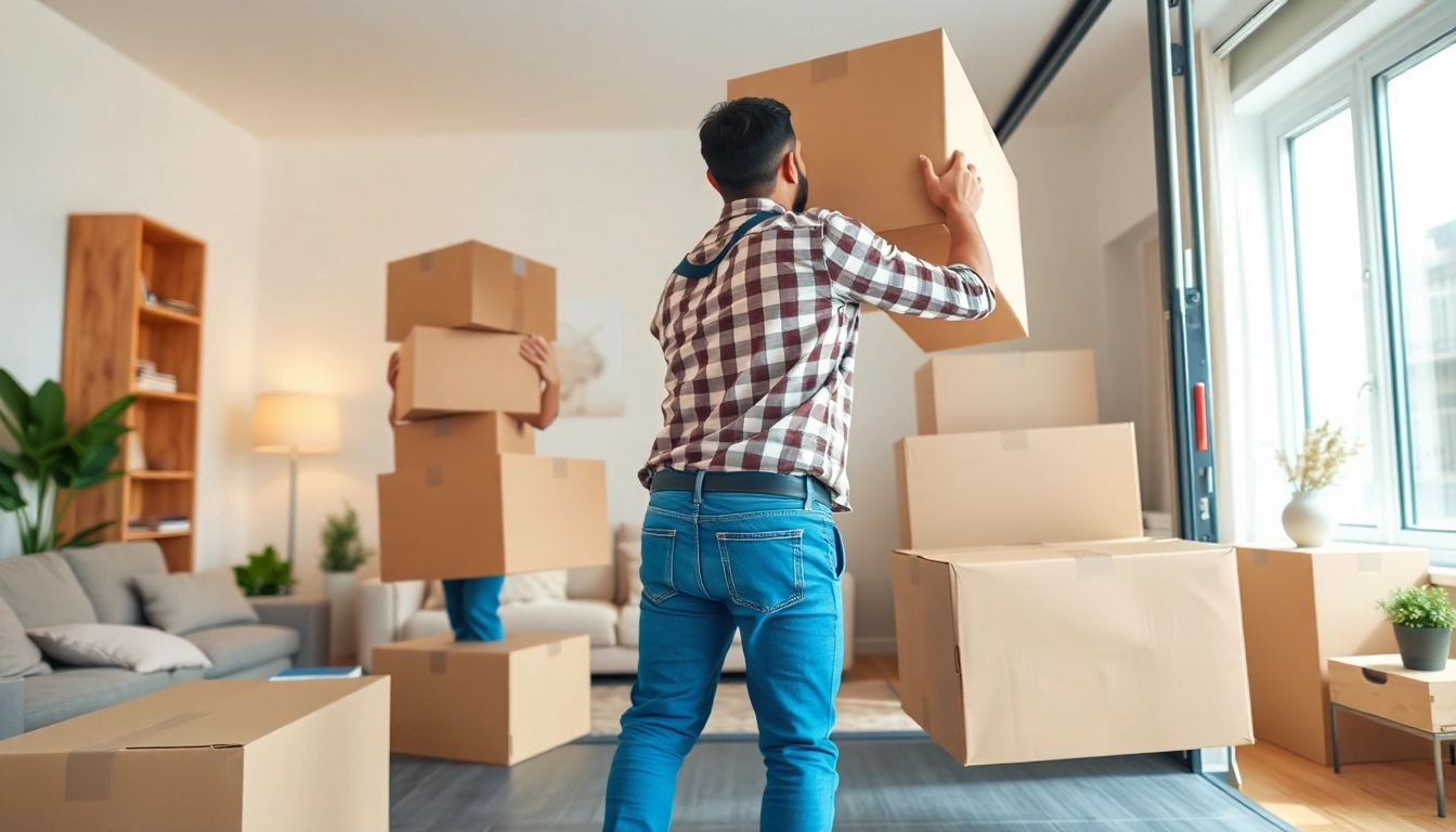 Efficient Cheap movers loading boxes into a truck in a bright urban apartment setting.