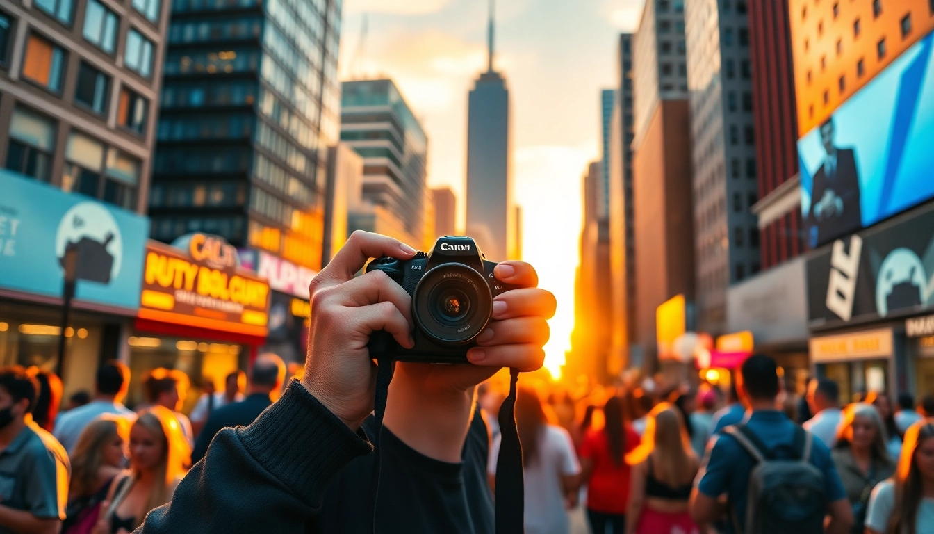Professional Photographer capturing a vibrant street scene, showcasing dynamic urban life.