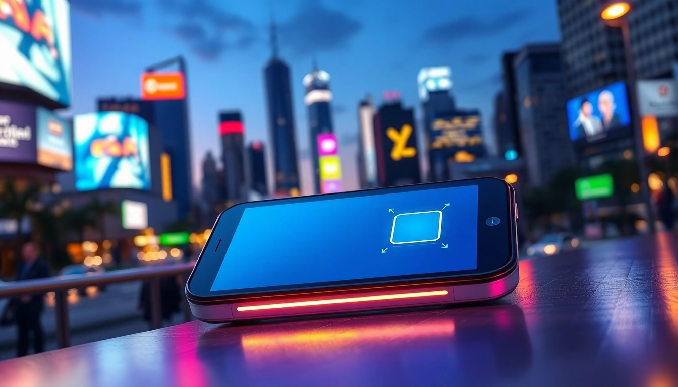 Showcasing esim technology on a modern device set against a bustling city skyline.