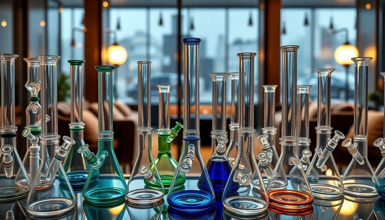 Showcase of unique bongs for sale in a stylish smoke lounge, inviting exploration of various designs.
