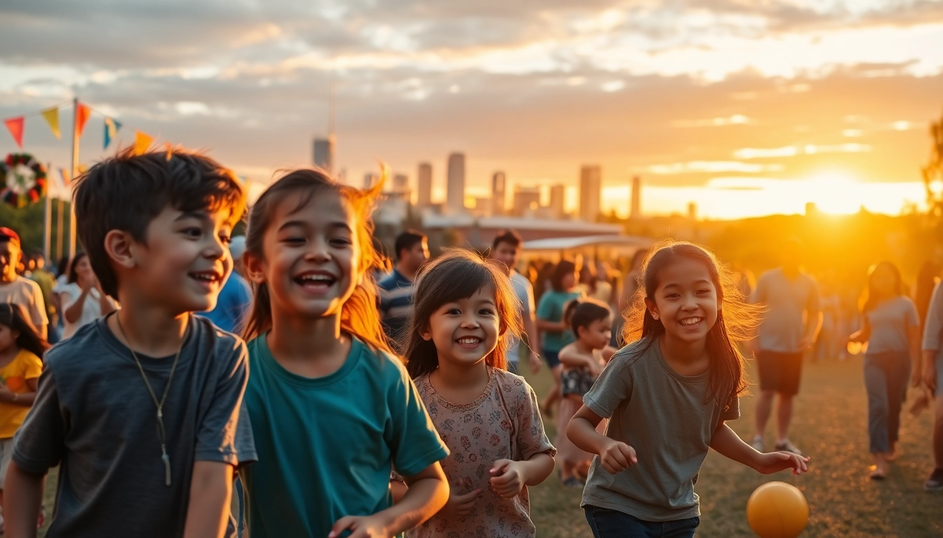 Families enjoying a wildfire event perth with children participating in outdoor activities, under a beautiful sunset.