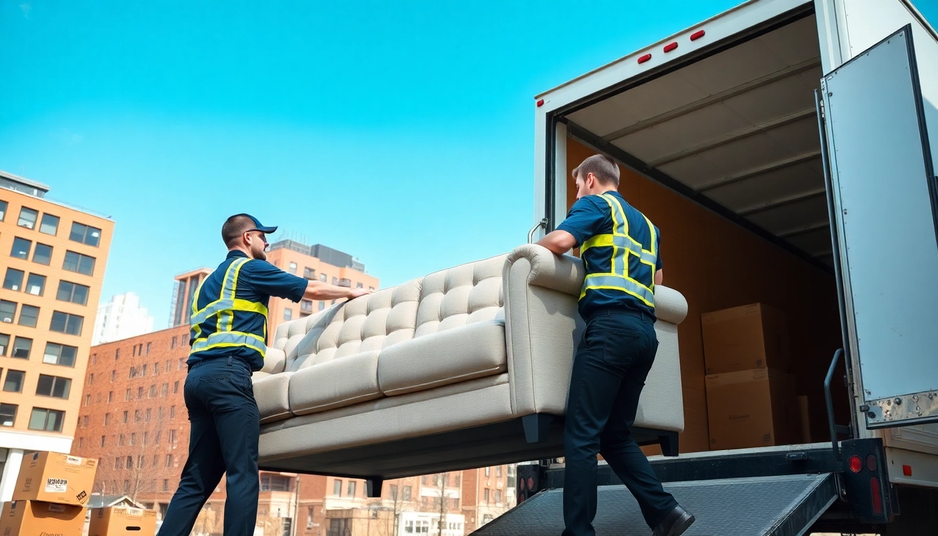 Two professional movers calgary handling a couch while loading a truck in a city environment.