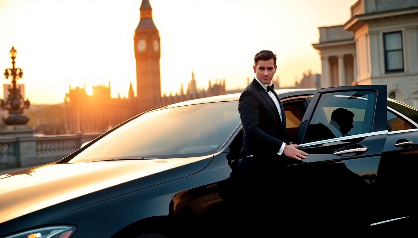Experience luxury chauffeur service london with a professional chauffeur and elegant car against the London skyline.