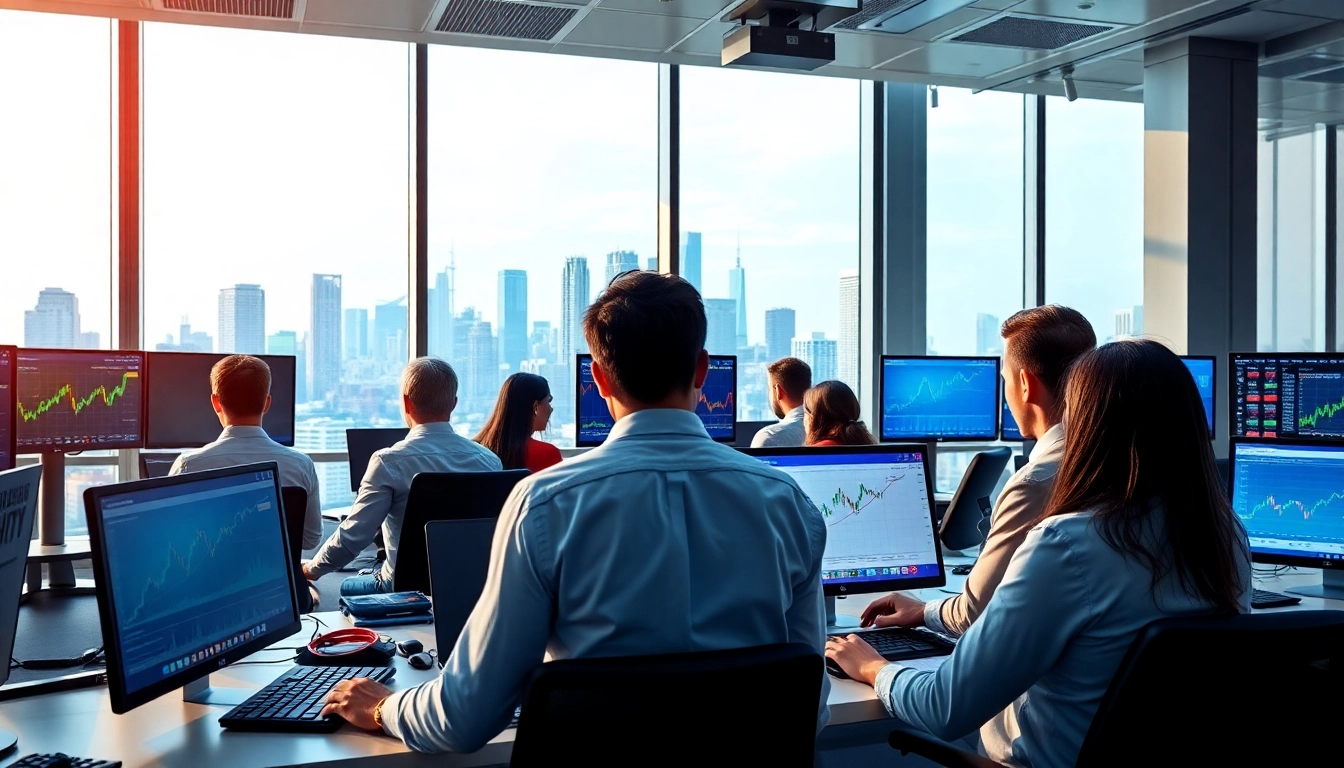 Analyze crypto trading strategies with traders engaged at their desks in a modern office.